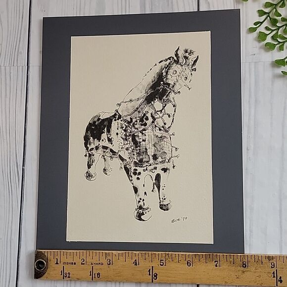 Ink Drawing Print Of A Tang Dynasty Style Horse Signed " Eve "  '70 - Picture 6 of 7